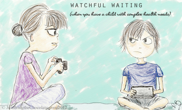 Child with complex health needs watched by mother- drawing by Renata Blower