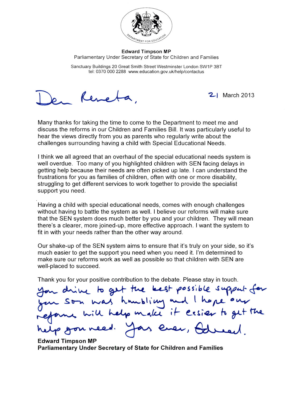 Edward Timpson letter to Renata Blower